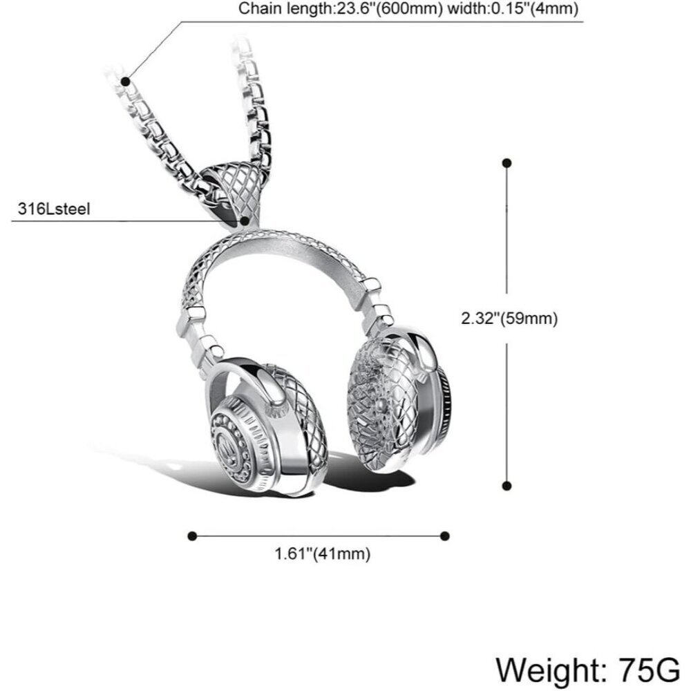 New Black Stainless Steel Headphone Pendant Necklace for Men | DJ Music Gift - Picture 2 of 2